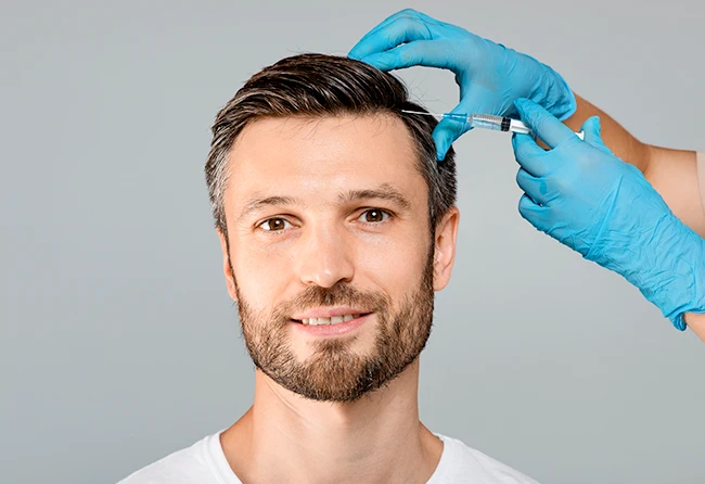 Lächelnder Patient während einer PRP Behandlung – Injektion von Eigenblut zur Stärkung der Haarwurzeln
