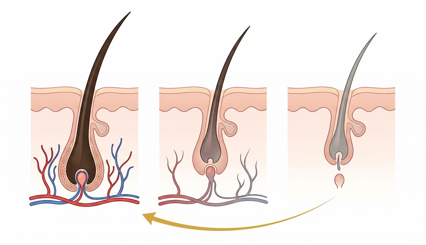 Illustration der drei Haarwachstumsphasen: Anagen (Wachstumsphase), Katagen (Übergangsphase) und Telogen (Ruhephase) mit Darstellung wie PRP ruhende Follikel reaktiviert