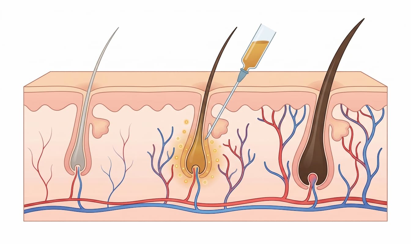 Medizinische Illustration zeigt die Wirkung der PRP Behandlung auf Haarfollikel: geschwächter Follikel, PRP-Injektion mit Wachstumsfaktoren und revitalisierter Haarfollikel im Querschnitt